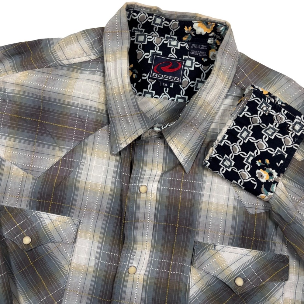 Roper Western‎ Shirt Mens 2XL Gray Plaid Pearl Snap Flip Cuff Stitching Rodeo